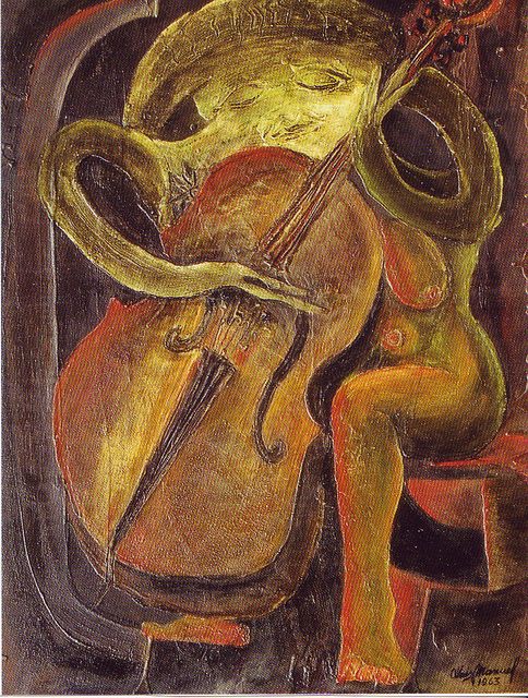 10 -1963 -04 -Tocando el chelo miro al cilo -Latidos de la mina -óleo s. tela 92x65cm