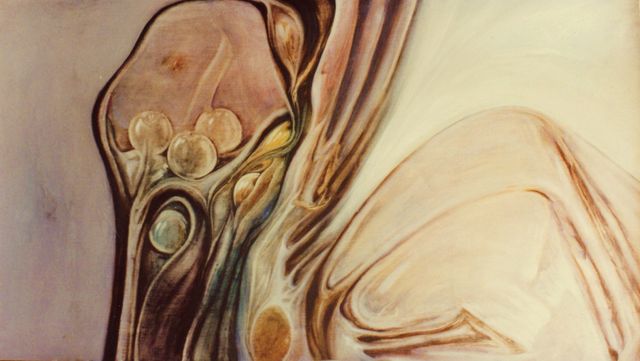 06 -Larguetto en  gris -manzanas de cristal - Oleo S. Tela -130 x50 -  Concierto Humano -Suprarrealismo -